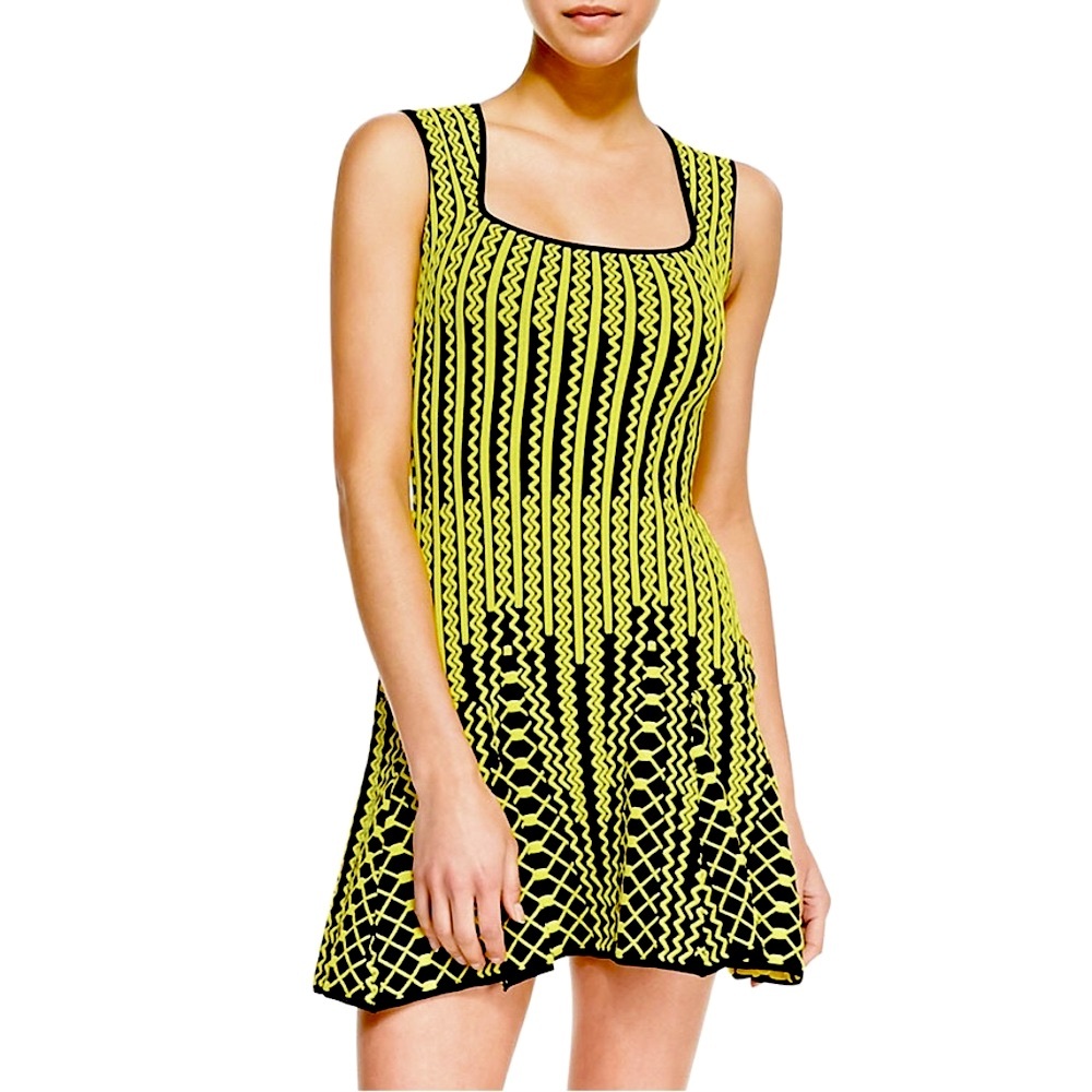 NWOT RVN Chevron Jacquard Square Neck Flare Skater Dress Black Yellow Women’s M
